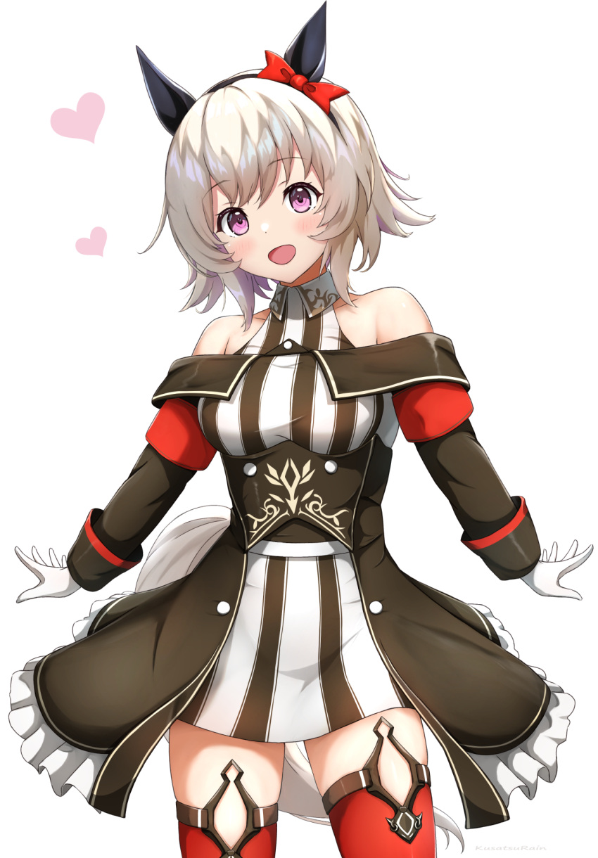1girl amano_kusatsu animal_ears bare_shoulders black_hairband blush bow breasts coat collarbone commentary_request curren_chan_(fille_eclair)_(umamusume) curren_chan_(umamusume) dress ear_bow ear_covers gloves grey_hair hairband heart highres horse_ears horse_girl horse_tail long_sleeves looking_at_viewer medium_breasts off-shoulder_coat off-shoulder_dress off-shoulder_jacket off_shoulder purple_eyes red_bow red_thighhighs short_hair simple_background smile solo striped_clothes striped_dress tail thighhighs umamusume vertical-striped_clothes vertical-striped_dress white_background white_gloves