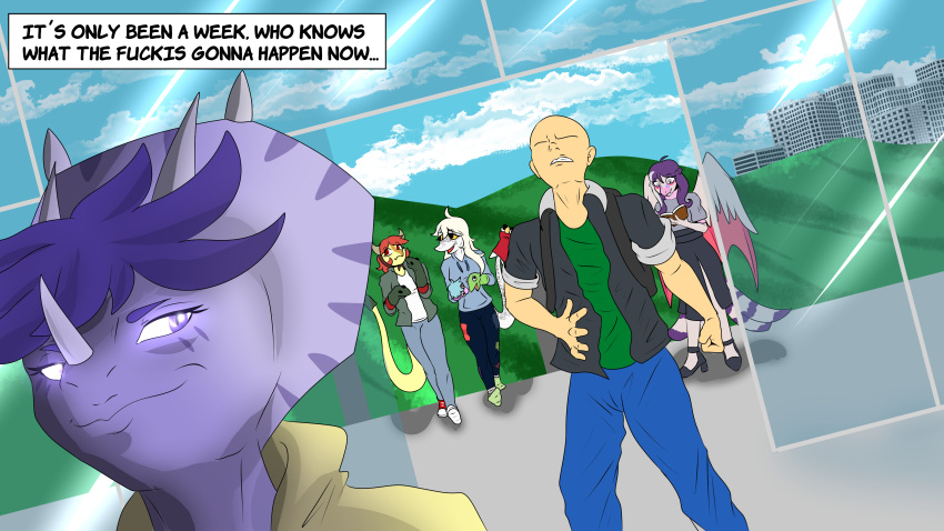 16:9 4k absurd_res anon_(snoot_game) anthro bald biped black_bottomwear black_clothing black_pants blue_bottomwear blue_clothing blue_hoodie blue_pants blue_topwear bottomwear cavemanon_studios ceratopsian ceratopsid chasmosaurine clothed clothing cloud colored comic day dinosaur english_text facial_horn feathered_wings feathers female footwear frill_(anatomy) fuegosonic93 goodbye_volcano_high grass green_clothing green_jacket green_shirt green_topwear grey_bottomwear grey_clothing grey_hair grey_jacket grey_pants grey_topwear group hair hi_res high_heels hoodie horn human inside jacket judee ko_op_(game_developer) long_hair looking_aside male mammal marginocephalian medium_hair open_clothing open_jacket open_topwear ornithischian pain pained_expression pants plant prehistoric_species profanity puppet purple_body purple_eyes purple_hair red_hair reptile saurischian scalie schizo_chan_(snoot_game) shaded shadow shirt shoes smile smirk smug snoot_game standing text theropod thinking topwear triceratops trish_(gvh) troodon troodontid white_clothing white_shirt white_topwear widescreen wings yellow_clothing yellow_hoodie yellow_topwear