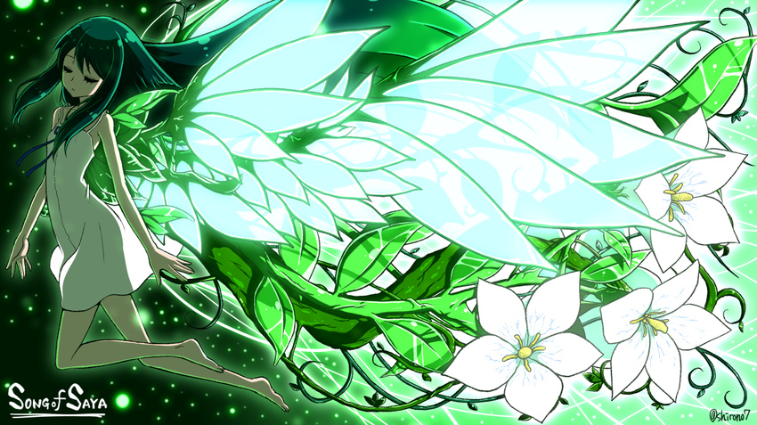 barefoot closed_eyes dress flower green_hair long_hair plant saya saya_no_uta shirono solo sundress white_dress wings