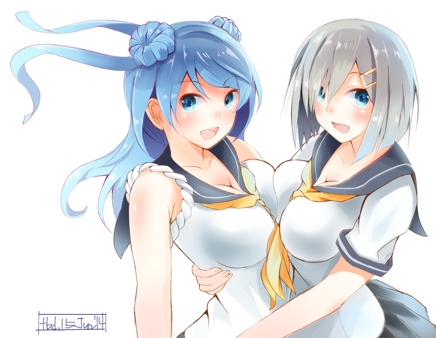:d asymmetrical_docking blue_eyes blue_hair breast_press breasts commentary_request double_bun hair_ornament hair_over_one_eye hairclip hamakaze_(kantai_collection) highres hug kantai_collection large_breasts long_hair multiple_girls no_hat no_headwear open_mouth pleated_skirt school_uniform serafuku short_hair silver_hair skirt sleeves_rolled_up smile symmetrical_docking tebi_(tbd11) urakaze_(kantai_collection) white_hair yellow_neckwear