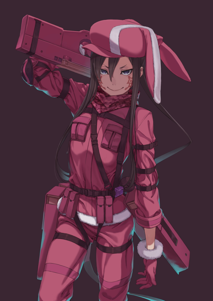 &gt;:) 1girl animal_ears animal_hat arm_up bangs brown_background brown_hair bullpup bunny_ears bunny_hat closed_mouth commentary_request cosplay facial_mark fur-trimmed_gloves fur-trimmed_jacket fur_trim gloves grey_eyes gun hair_between_eyes hat highres holding holding_gun holding_weapon jacket llenn_(sao) llenn_(sao)_(cosplay) long_hair looking_at_viewer p-chan_(p-90) p90 pants pink_gloves pink_hat pink_jacket pink_pants pitohui_(sao) simple_background smile solo submachine_gun sword_art_online sword_art_online_alternative:_gun_gale_online tuchinokoeffect v-shaped_eyebrows very_long_hair weapon