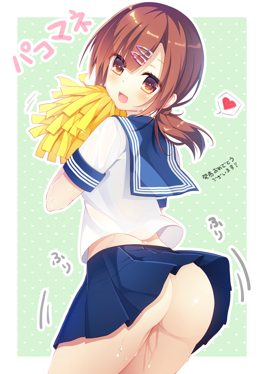 :d ass ass_shake asymmetrical_bangs bangs blue_skirt blush brown_hair cheerleader commentary_request contrapposto cowboy_shot eyelashes from_behind hair_ornament hairclip heart heart_background highres holding japanese_clothes kinoko5123 long_hair looking_at_viewer looking_back low_ponytail motion_lines no_panties open_mouth original pleated_skirt pom_poms red_eyes school_uniform serafuku shirt short_sleeves skirt smile solo sparkle speech_bubble spoken_heart standing suggestive_fluid sweat translation_request upskirt white_shirt