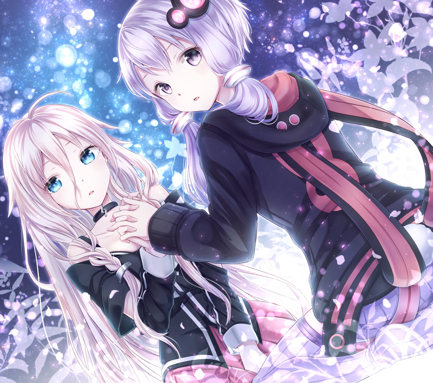 black_sweater blonde_hair blue_eyes bow collarbone dutch_angle hair_bow hair_ornament highres hood hooded_sweater ia_(vocaloid) kneeling long_hair looking_at_viewer looking_back multiple_girls parted_lips pink_skirt pleated_skirt purple_eyes purple_hair skirt striped striped_legwear sweater thighhighs twintails vertical-striped_legwear vertical_stripes vocaloid voiceroid white_legwear yamagara yuzuki_yukari