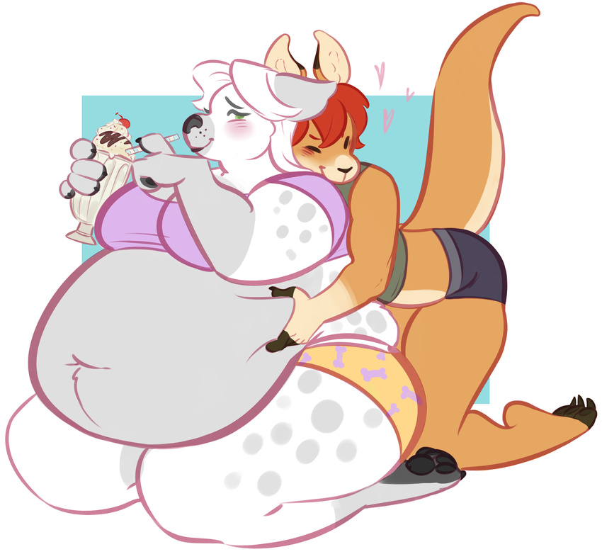 &lt;3 ambiguous_gender anthro blush canine clothed clothing duo female hug kangaroo mammal marsupial mochi-squish obese overweight smile