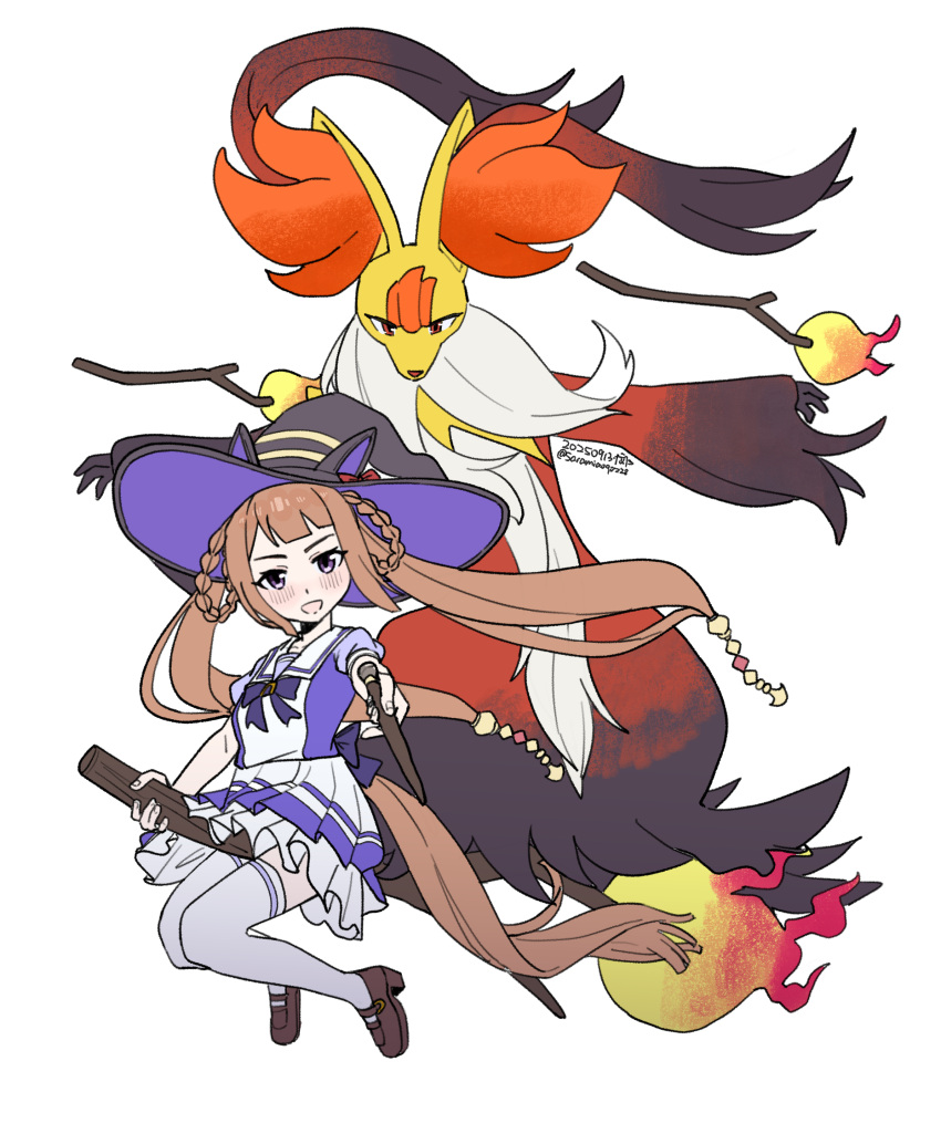 1girl 1other absurdres animal_ear_fluff animal_ears black_fur blush bow bowtie braid braided_hair_rings broom broom_riding brown_hair closed_mouth commentary_request delphox ear_bow ear_covers fire floating fox_ears furry hair_rings hat hat_with_ears highres holding holding_wand horse_ears horse_girl horse_tail long_hair looking_at_viewer mega_delphox mega_pokemon multicolored_fur open_mouth pleated_skirt pokemon pokemon_(creature) puffy_short_sleeves puffy_sleeves purple_bow purple_bowtie purple_eyes purple_shirt red_eyes red_fur sailor_collar sailor_shirt saramiao-chan school_uniform shirt shoes short_sleeves simple_background skirt smile snout sweep_tosho_(umamusume) tail thighhighs tracen_school_uniform twintails umamusume wand white_background white_fur white_sailor_collar white_skirt white_thighhighs witch_hat yellow_fur