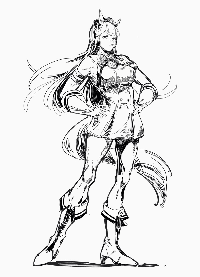 1girl animal_ears armband blunt_bangs boots bow bowtie breasts closed_mouth commentary dress ear_bow full_body gloves gold_ship_(red_strife)_(umamusume) gold_ship_(umamusume) greyscale hands_on_own_hips hat highres horse_ears horse_girl horse_tail large_breasts long_hair looking_at_viewer monochrome ohayonabeno pantyhose pillbox_hat simple_background sleeveless sleeveless_dress solo striped_armband striped_clothes tail umamusume untranslatable_commentary white_background