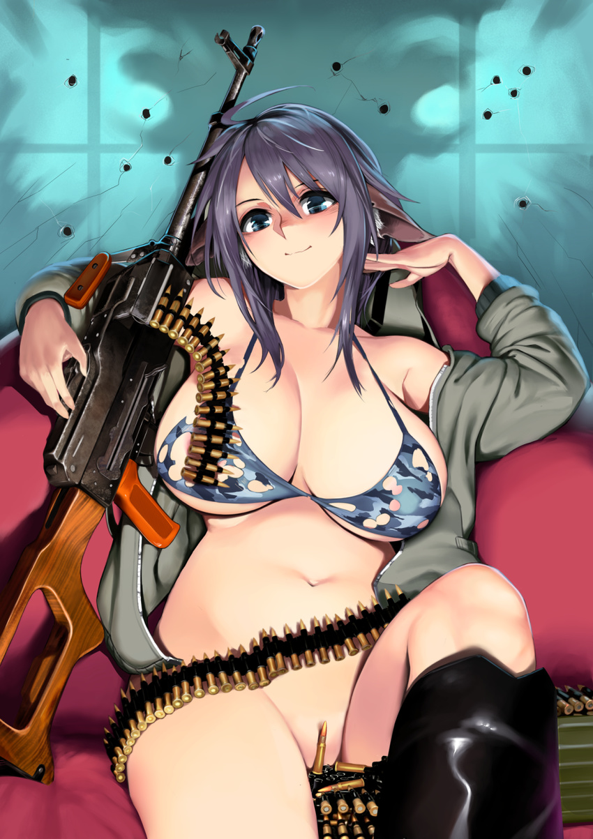 ahoge animal_ears bikini black_footwear black_hair blue_bikini blue_eyes boots bottomless breasts bullet bullet_hole camouflage camouflage_bikini convenient_censoring couch gen_(black_factory) gun highres jacket knee_boots large_breasts long_hair machine_gun navel open_clothes open_jacket original pkm sitting smile solo swimsuit torn_bikini weapon