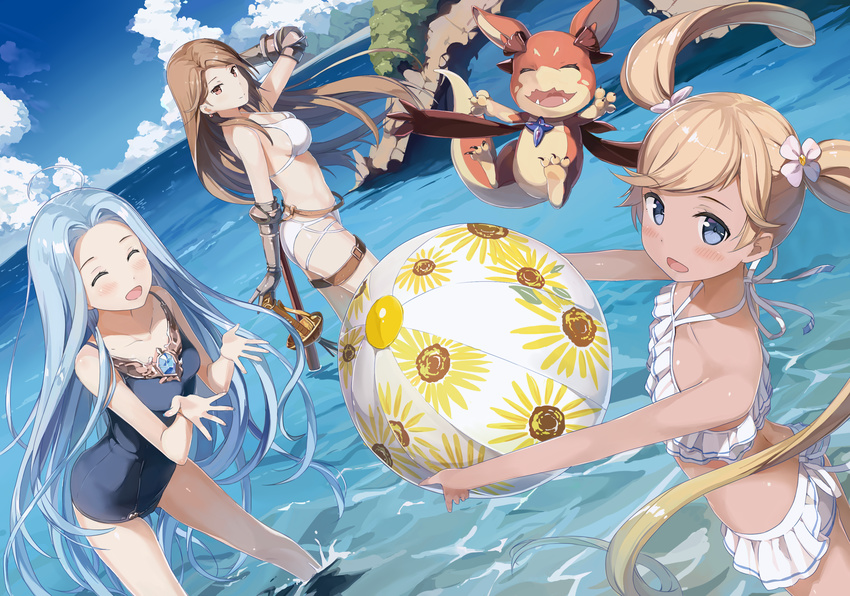 :d ^_^ aircraft airship araragikoyomis arm_up ass ball beachball belt bikini bikini_skirt blonde_hair blue_eyes blue_swimsuit breasts brown_eyes closed_eyes commentary_request creature day derivative_work earrings flower gauntlets granblue_fantasy grancypher_(granblue_fantasy) hair_flower hair_ornament highres io_euclase jewelry kantoku_(style) katalina_aryze light_brown_hair long_hair looking_at_viewer lyria_(granblue_fantasy) medium_breasts multiple_girls one-piece_swimsuit open_mouth outdoors small_breasts smile strap_gap swimsuit sword tareme thigh_strap vee_(granblue_fantasy) very_long_hair wading weapon white_bikini