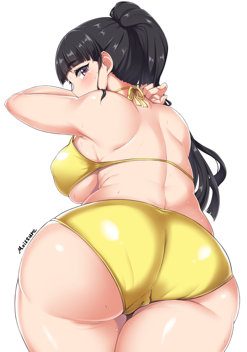 arm_up artist_name ass back bangs bare_arms bare_shoulders bikini black_hair blunt_bangs breasts cameltoe commentary covered_nipples cowboy_shot curvy dimples_of_venus ebino_mei foreshortening from_behind halterneck hatsukoi_zombie highres large_breasts leaning_forward long_hair looking_at_viewer looking_back moisture_(chichi) profile purple_eyes shiny shiny_skin shoulder_blades sideboob solo standing strap_gap sweat swimsuit thighs yellow_bikini