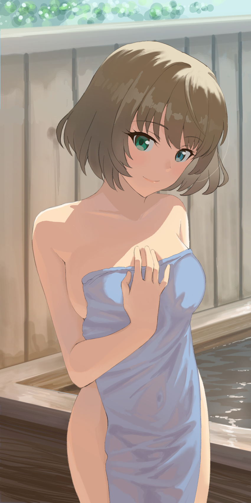 absurdres arm_at_side bangs bare_arms bare_shoulders blue_eyes breasts closed_mouth collarbone covered_navel covering cowboy_shot erubesuto eyebrows_visible_through_hair eyelashes fence green_eyes green_hair hand_on_own_chest head_tilt heterochromia highres idolmaster idolmaster_cinderella_girls lips looking_at_viewer medium_breasts nude_cover see-through short_hair sideboob smile solo standing takagaki_kaede thighs towel tsurime water wet_towel wooden_fence