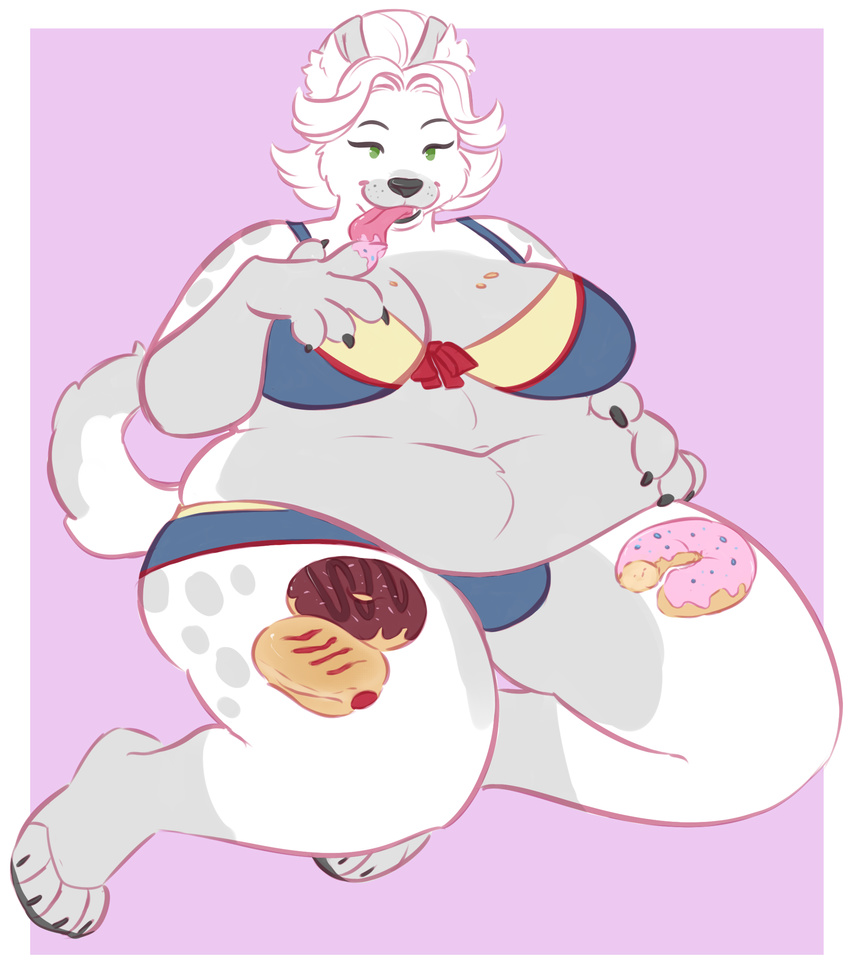 anthro bra canine clothed clothing doughnut female food hair mammal mochi-squish navel obese overweight smile solo tongue tongue_out underwear