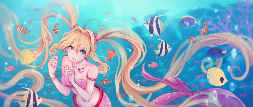 1girl angelfish blonde_hair blue_eyes bra breasts butterflyfish clownfish highres long_hair medium_breasts mermaid mermaid_melody_pichi_pichi_pitch monster_girl nanami_lucia ocean pink_bra ponytail shirt t-shirt underwear