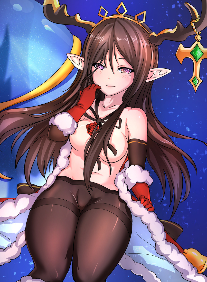 absurdres antiqq antlers arulumaya bad_id bad_pixiv_id bangs bare_shoulders bell black_gloves black_legwear blue_background blush bow bowtie breasts brown_hair cape christmas closed_mouth collarbone elbow_gloves emerald floating_hair flower fur-trimmed_cape fur-trimmed_gloves fur_trim gem gloves gradient_eyes granblue_fantasy hair_between_eyes half-closed_eyes hand_up highres long_hair looking_at_viewer medium_breasts mole mole_under_eye multicolored multicolored_eyes navel nipples no_bra pantyhose parted_bangs pointy_ears purple_eyes red_cape red_flower red_gloves red_rose rose shiny shiny_clothes shiny_hair shiny_skin smile solo sparkle thick_thighs thighs tiara topless yellow_eyes