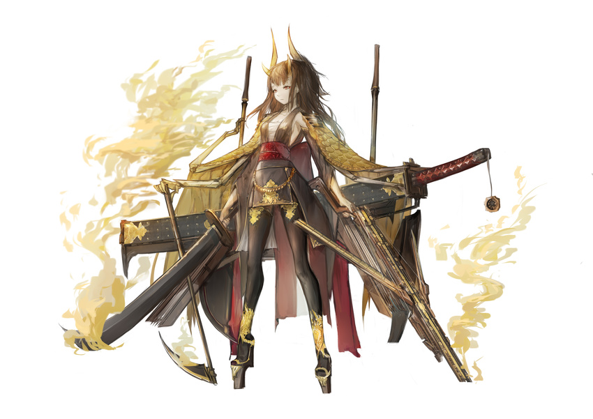 absurdres bandages bangs bare_shoulders breasts brown_hair brown_legwear chain cloak closed_mouth detached_sleeves expressionless eyelashes fire full_body gold_chain gradient_hair high_heels highres holding holding_sword holding_weapon horns japanese_clothes jewelry katana long_hair looking_away magic medium_breasts multicolored_hair original outstretched_arms pendant red_eyes sa'yuki shoes sickle simple_background skeleton solo standing sword thighhighs traditional_clothes warrior watermark weapon white_background wings zettai_ryouiki