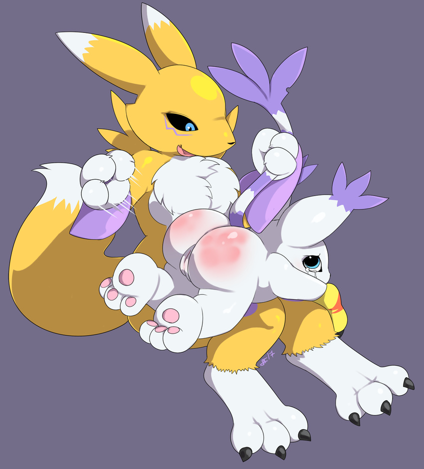 bdsm black_sclera blue_eyes breasts butt canine cat claws clothing digimon duo feline female female/female fur gatomon gloves mammal open_mouth pussy renamon simple_background slimefur smile spanking tears white_fur yellow_fur