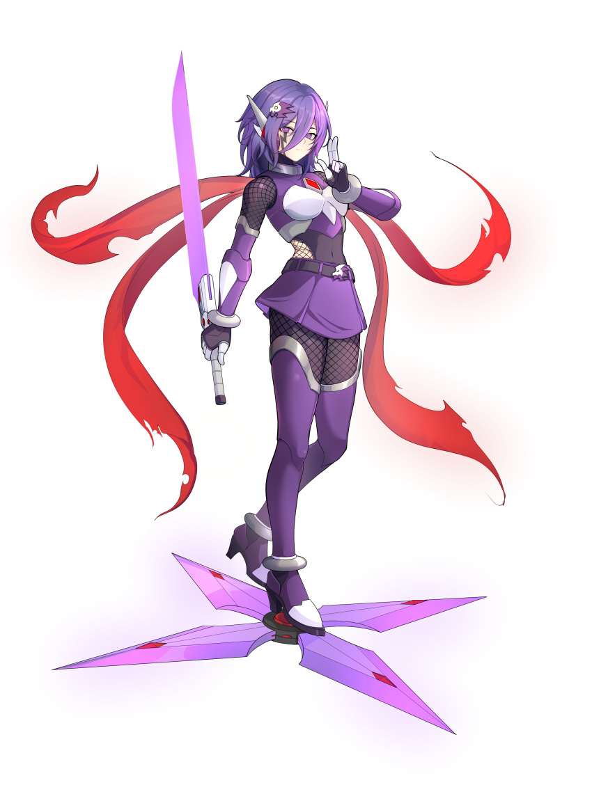 1girl absurdres adapted_costume alternate_costume alternate_hair_color alternate_hairstyle armored_boots assault_visor belt body_armor bodystocking bodysuit boots breasts chest_jewel commission commissioner_upload covered_navel crosshair_pupils energy_sword facial_mark fishnet_bodystocking fishnets forehead_jewel full_body gauntlets genderswap genderswap_(mtf) gloves hair_ornament hidden_phantom_(mega_man) high_heel_boots high_heels highres kuji-in long_bangs long_hair long_scarf mechanical_ears mega_man_(series) mega_man_zero_(series) missing_headwear multicolored_hair non-web_source pink_hair purple_eyes purple_hair scarf shuriken skirt small_breasts solo sword thigh_boots thighs transparent_background two-tone_hair uta_guipiy weapon