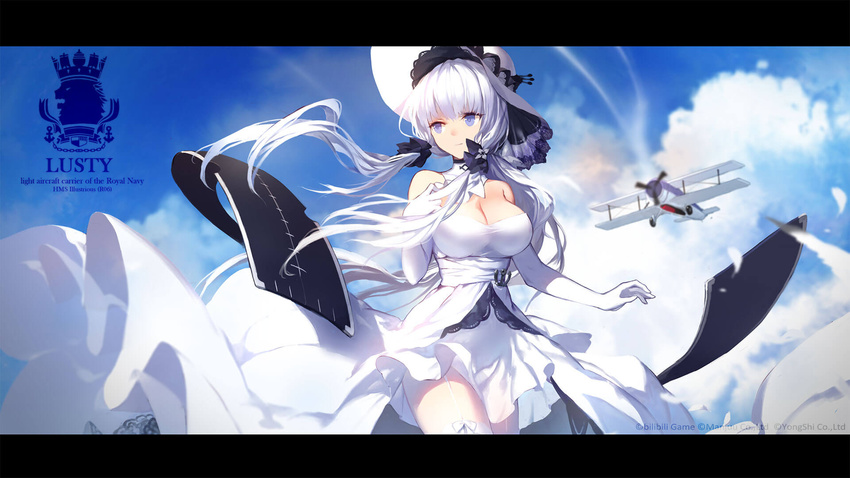 aircraft airplane arms_up azur_lane bare_shoulders biplane blue_eyes breasts character_name cloud day detached_collar dress elbow_gloves garter_straps gloves hair_tubes hat highres illustrious_(azur_lane) jpeg_artifacts large_breasts letterboxed long_hair looking_to_the_side sky solo strapless strapless_dress sun_hat swd3e2 text_focus thighhighs tri_tails white_dress white_gloves white_hair white_legwear