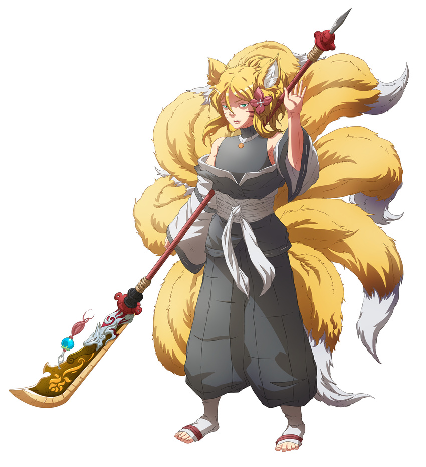 ambiguous_gender bare_shoulders blonde_hair blue_eyes canine choker clothing corruption_of_champions facial_markings fan_character flower fox girly hair hair_ornament hakama hi_res humanoid japanese_clothing jewelry light_skin male mammal markings melee_weapon momiji_hanamura multi_tail naginata papillonstudio plant polearm robes simple_background solo toes weapon