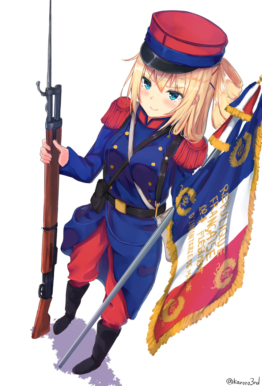 &gt;:) bangs bayonet belt belt_pouch between_breasts blonde_hair blue_eyes blush boots breasts commentary_request double-breasted epaulettes flag flagpole france french french_flag full_body gun hair_ornament hair_rings hat highres holding holding_gun holding_weapon jacket karo-chan long_hair medium_breasts military military_uniform original pants peaked_cap pouch rifle shadow simple_background smile solo standing twitter_username uniform v-shaped_eyebrows weapon white_background world_war_i x_hair_ornament