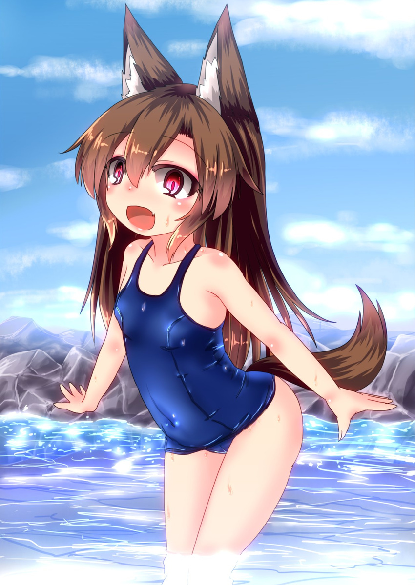 animal_ears blush brown_hair highres imaizumi_kagerou karasuma_amiru long_hair open_mouth purple_eyes school_swimsuit shiny shiny_clothes skindentation swimsuit touhou water wet wolf_ears