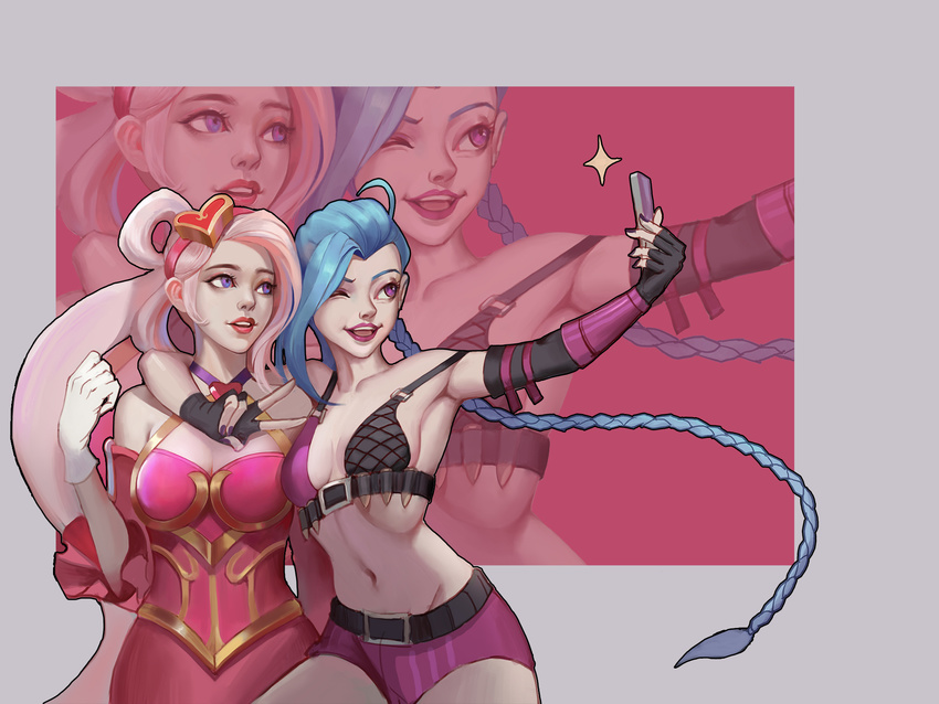 2girls armpits blue_hair braids breasts cleavage dress fingerless_gloves gloves highres jinx_(league_of_legends) league_of_legends lipstick multiple_girls nail_polish navel phone self_shot shorts sideboob smile sona_buvelle sweetheart_sona twintails white_hair
