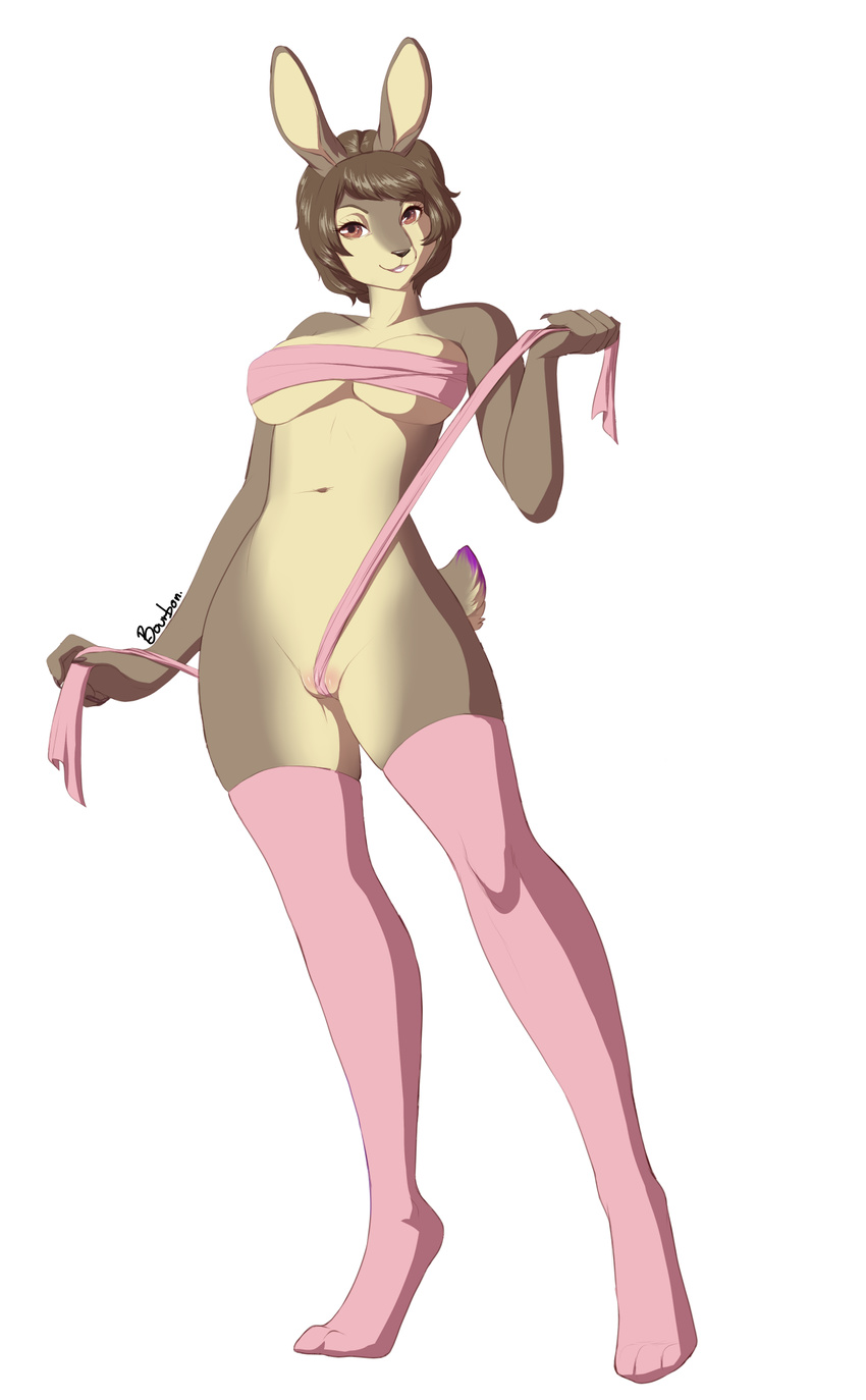 3_toes anthro bandage bourbon._(artist) breasts brown_claws brown_eyes brown_hair chest_wraps claws clothing digitigrade female fur hair lagomorph legwear looking_at_viewer mammal multicolored_fur navel pussy pussy_floss rabbit simple_background smile solo standing thigh_highs toes wraps