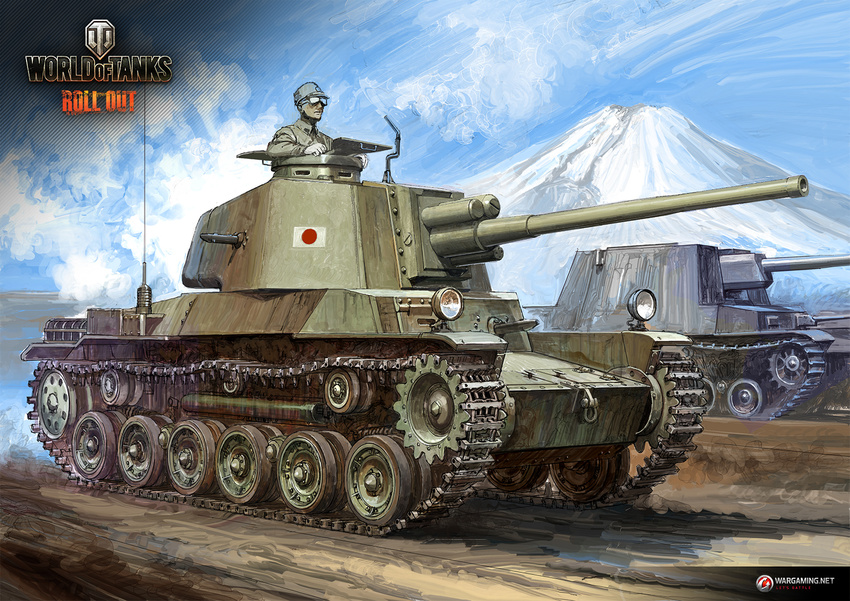 cannon caterpillar_tracks cloud commentary day goggles ground_vehicle hat hatch highres imperial_japanese_army japan japanese_flag logo military military_uniform military_vehicle motor_vehicle mount_fuji officer official_art pilot realistic sdkfz221 sky soldier tank turret type_3_chi-nu type_3_chi-nu_kai uniform wargaming_japan world_of_tanks