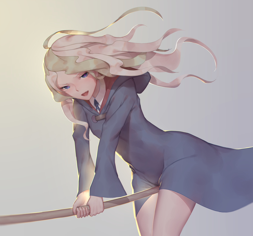 backlighting blonde_hair blue_eyes broom broom_riding crotch_rub diana_cavendish dress fang glowing grey_dress heart heart-shaped_pupils highres hooded_dress little_witch_academia long_hair maredoro necktie simple_background solo symbol-shaped_pupils witch