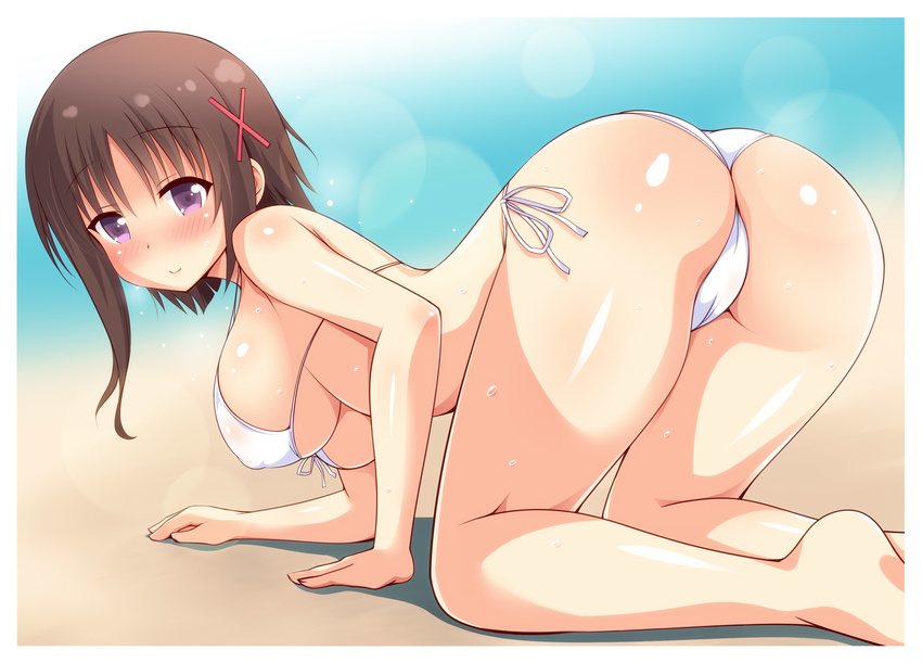 all_fours ass bikini blush breasts brown_hair hagino_chiaki hair_ribbon highres hinako_note kneeling large_breasts ocean purple_eyes ribbon sand short_hair_with_long_locks sidelocks smile solo swimsuit white_bikini yuu_(yumezakura)