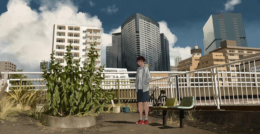 bench bicycle black_hair building chair city cloud day flat_color grass ground_vehicle hands_in_pockets hood hood_down hoodie looking_at_viewer original plant potted_plant railing real_world_location scenery school_uniform shiira short_hair skirt sky smile solo tokyo_(city)