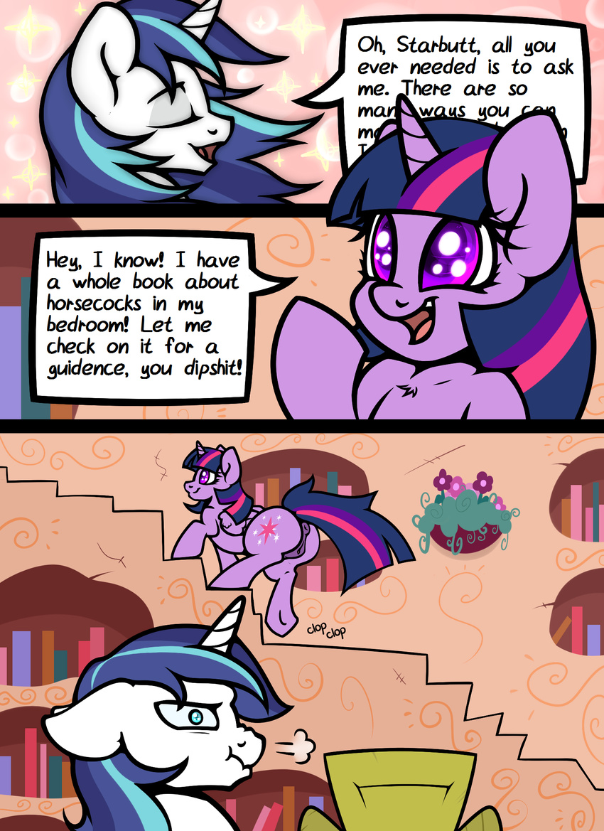 anus big_butt butt comic dialogue duo english_text equine female feral friendship_is_magic hi_res horn male mammal my_little_pony pussy shining_armor_(mlp) slavedemorto text twilight_sparkle_(mlp) unicorn winged_unicorn wings