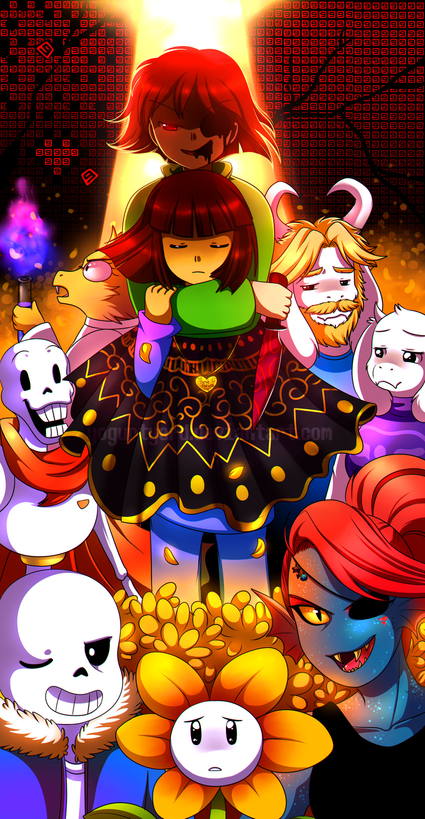 2016 alphys animated_skeleton asgore_dreemurr bone boss_monster caprine chara_(undertale) clothed clothing eye_patch eyewear fauna female fire fish flora flower flowey_the_flower fur glasses goat grin group hair hi_res horn human knife lizard male mammal marine one_eye_closed papyrus_(undertale) plant protagonist_(undertale) red_hair reptile sans_(undertale) scalie skeleton smile teeth toriel undead undertale undyne video_games watermark weapon white_fur wink yogurtyard_(artist)