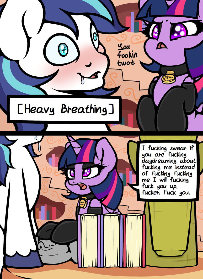 animal_genitalia animal_penis book collar comic drooling english_text equine equine_penis erection female feral friendship_is_magic hi_res horn male mammal my_little_pony penis profanity saliva shining_armor_(mlp) slavedemorto text twilight_sparkle_(mlp) unicorn wide_eyed winged_unicorn wings