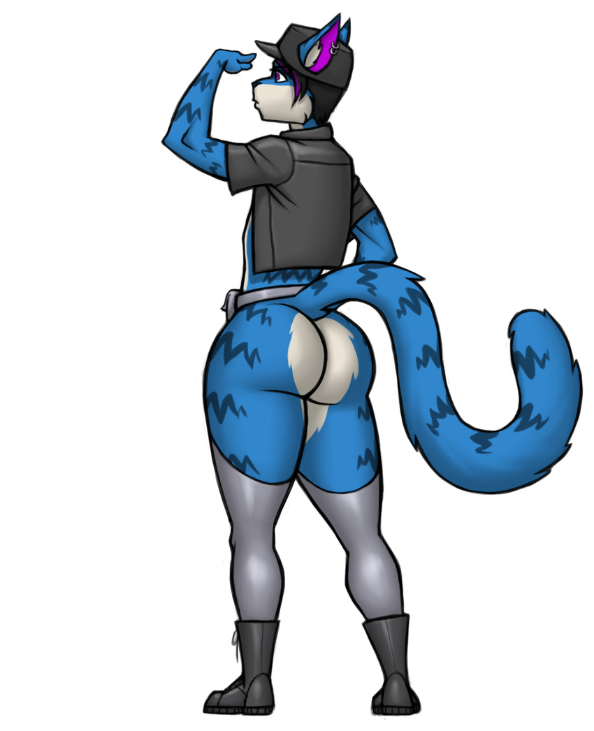 2017 anthro artemis blue_fur butt cat clothed clothing digital_media_(artwork) ear_piercing feline footwear fur girly hair hat hi_res jacket kostos_art legwear looking_away male mammal piercing simple_background solo standing stockings thick_thighs wide_hips