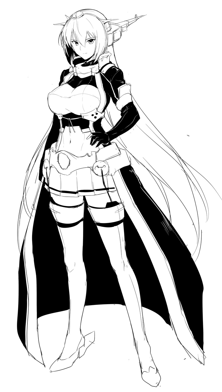absurdres black_gloves black_jacket breasts collar elbow_gloves full_body garter_straps gloves greyscale hair_between_eyes hand_on_hip hand_on_thigh harukon_(halcon) headgear highres jacket kantai_collection large_breasts long_hair midriff miniskirt monochrome nagato_(kantai_collection) navel remodel_(kantai_collection) simple_background skirt solo thighhighs very_long_hair zettai_ryouiki