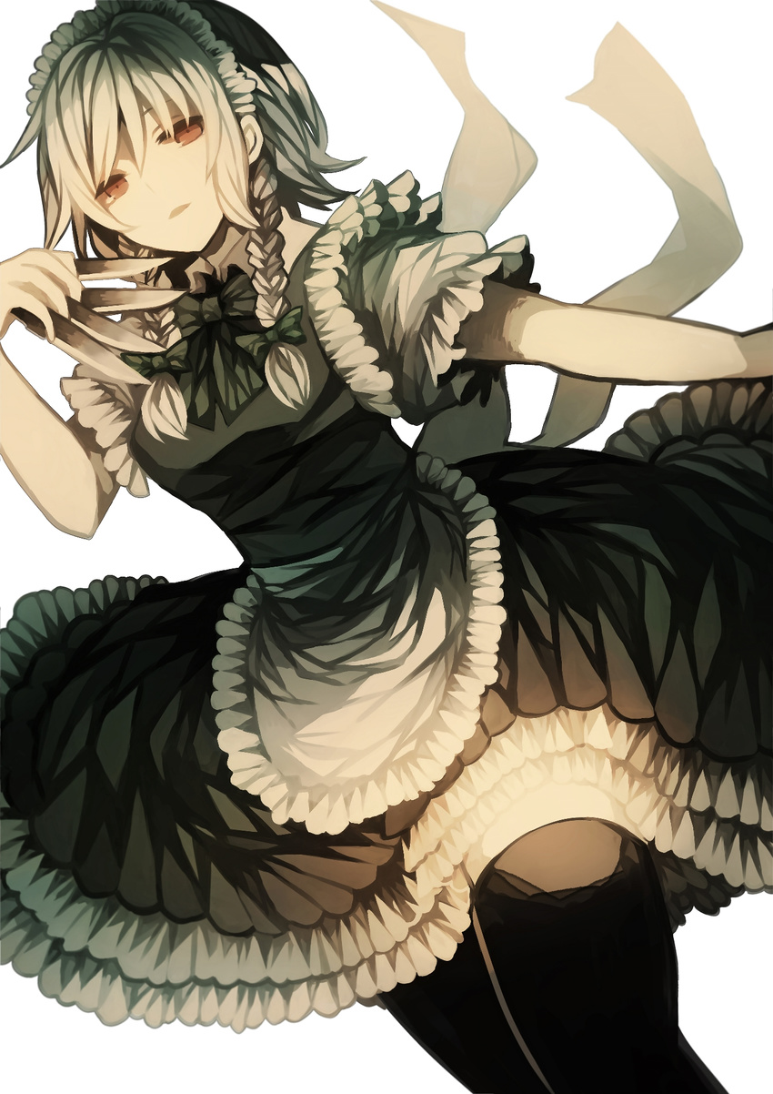 apron black_dress black_legwear bow bowtie braid dress dutch_angle frilled_dress frills green_bow green_neckwear grey_ribbon hair_bow highres holding holding_knife izayoi_sakuya knife knives_between_fingers looking_at_viewer parted_lips red_eyes short_hair_with_long_locks short_sleeves silver_hair simple_background solo thighhighs touhou twin_braids white_apron white_background wiriam07