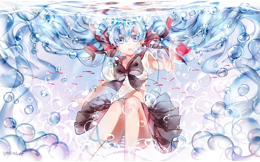 aqua_eyes aqua_hair artist_name blue_eyes blue_hair bottle_miku fish hair_ribbon hatsune_miku highres instocklee liquid_hair long_hair resized ribbon school_uniform serafuku skirt solo twintails very_long_hair vocaloid water