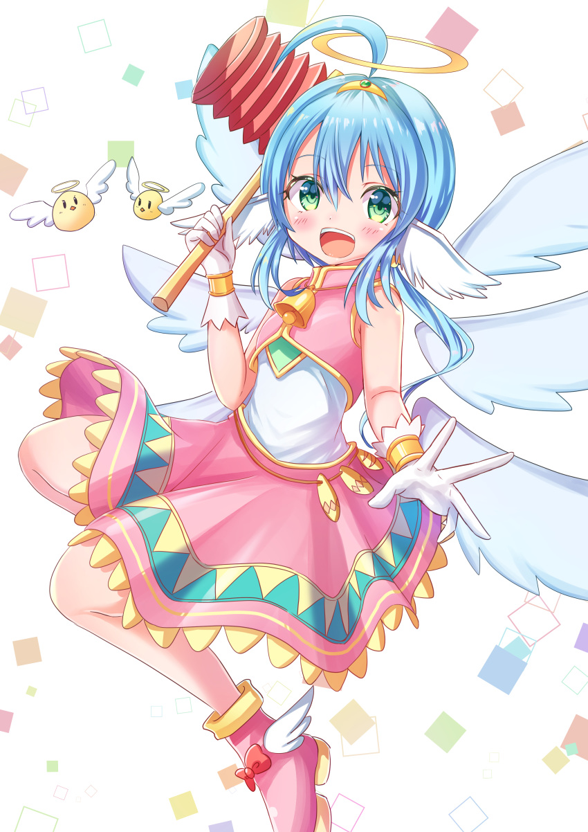 1girl absurdres ahoge angel angel_wings antenna_hair blue_hair breasts commentary_request gloves green_eyes highres original piko_piko_hammer short_hair small_breasts smile solo squeaky_mallet tenzeru wings