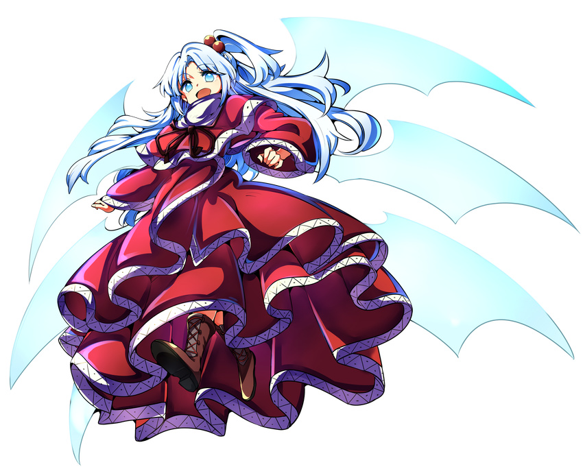 baba_(baba_seimaijo) blue_eyes boots brown_footwear capelet commentary_request cross-laced_footwear dress full_body hair_bobbles hair_ornament highres lace-up_boots long_sleeves looking_at_viewer red_capelet red_dress shinki side_ponytail silver_hair smile solo tachi-e touhou touhou_(pc-98) transparent_background wings