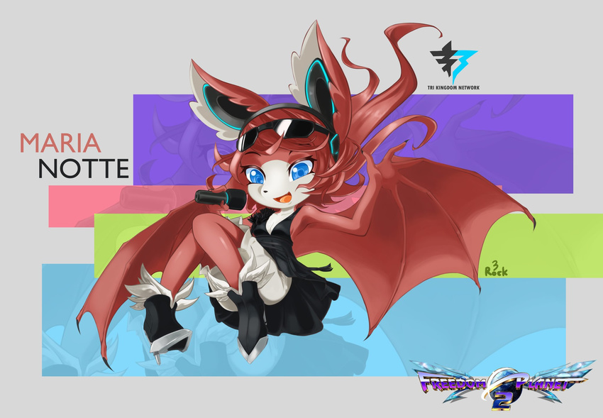 2017 anrock3 anthro bat bat_wings blue_eyes breasts clothed clothing dress eyewear fangs female footwear freedom_planet freedom_planet_2 fruit_bat fur hair hairband high_heels mammal maria_notte membranous_wings microphone multicolored_fur open_mouth red_fur red_hair shoes shorts signature simple_background solo sunglasses text tongue video_games white_fur wings zoom_layer