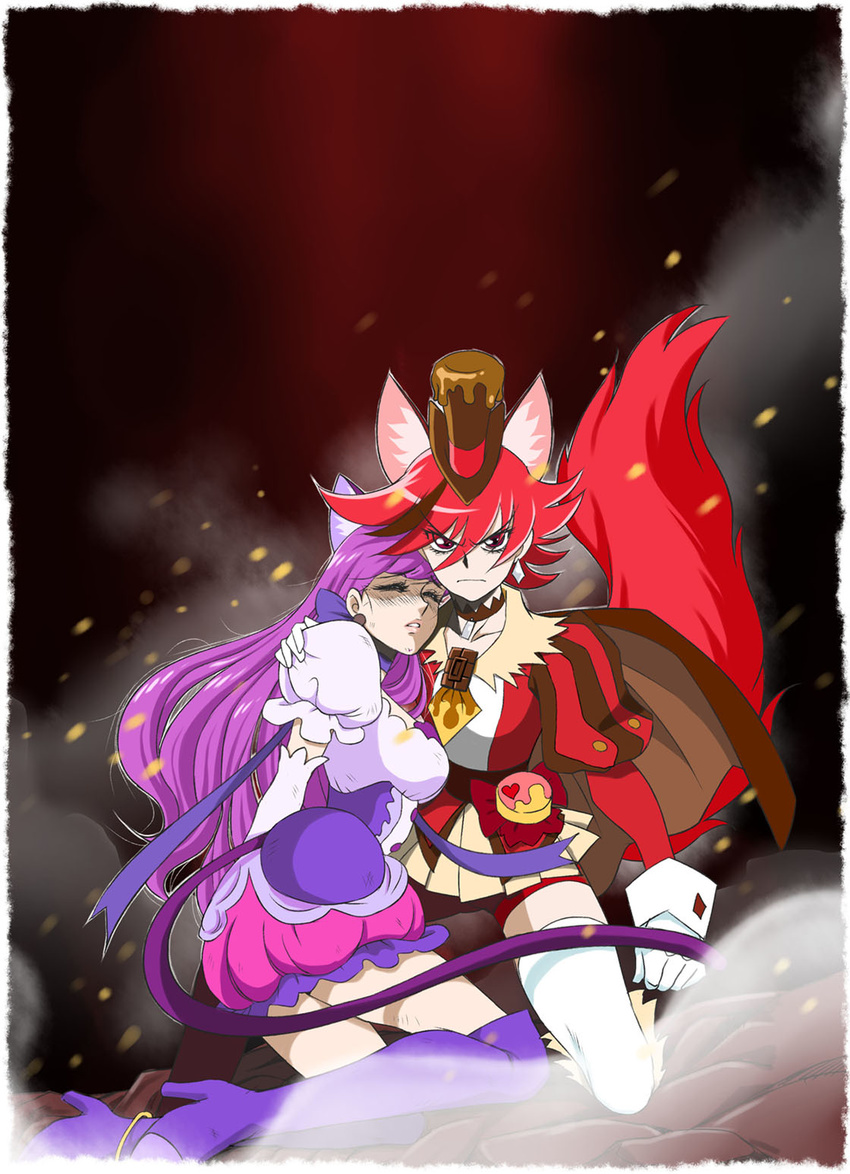 animal_ears blush boots cat_ears cat_tail closed_eyes commentary_request cure_chocolat cure_macaron dog_ears dog_tail earrings elbow_gloves extra_ears gloves hat highres jewelry kenjou_akira kirakira_precure_a_la_mode kneeling kotozume_yukari long_hair looking_at_viewer magical_girl multiple_girls precure puffy_sleeves purple_hair purple_legwear red_eyes sabachiyo_land skirt tail thigh_boots thighhighs white_gloves white_legwear