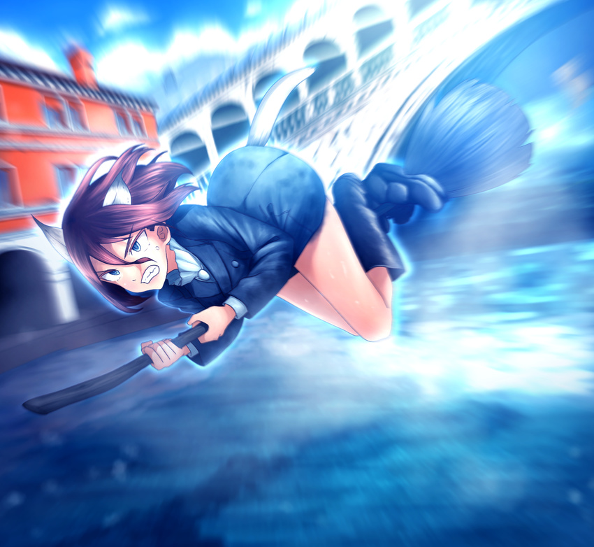99_(hosinosensei) adriana_visconti blue_eyes boots bridge broom broom_riding brown_hair caracal_ears caracal_tail clenched_teeth flying highres military military_uniform motion_blur noble_witches short_hair solo sweatdrop teeth uniform world_witches_series