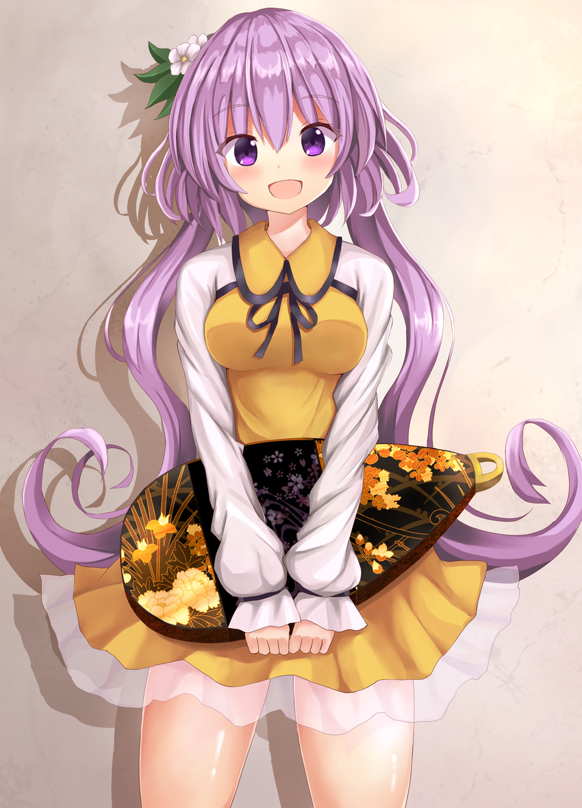 absurdres bangs biwa_lute black_ribbon breasts commentary_request dress hair_ornament highres instrument long_hair long_sleeves looking_at_viewer lute_(instrument) medium_breasts open_mouth purple_eyes purple_hair ribbon shiny shiny_hair smile solo standing suigetsu_(watermoon-910) touhou tsukumo_benben very_long_hair yellow_dress