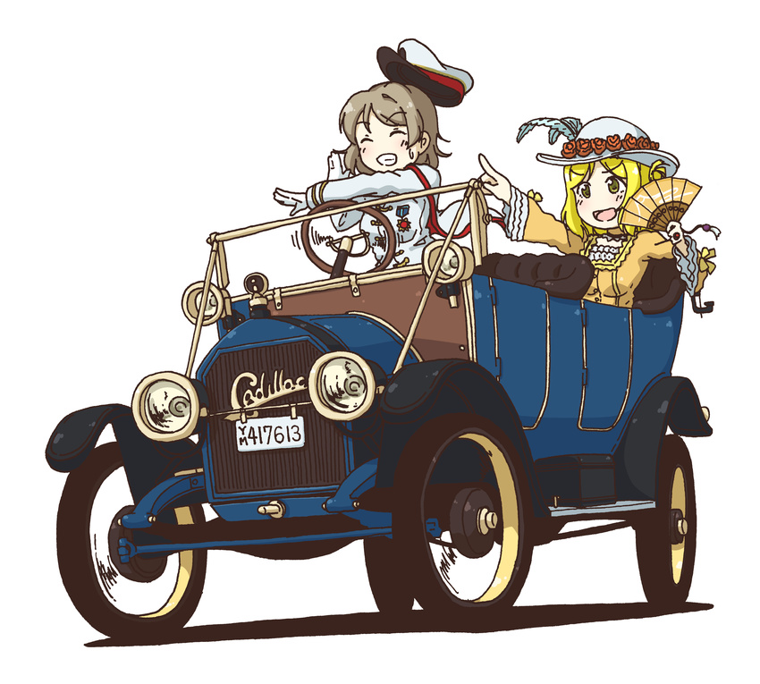 :d ^_^ absurdres blonde_hair cadillac cadillac_model_30 capelet car closed_eyes commentary_request convertible driving fan flower folding_fan gloves grin ground_vehicle hat hat_feather hat_flower hat_loss highres license_plate long_sleeves love_live! love_live!_sunshine!! medal military military_uniform motor_vehicle multiple_girls naval_uniform ohara_mari open_mouth peaked_cap pointing pointing_forward rainforce right-hand_drive short_hair smile steering_wheel sweatdrop uniform v-shaped_eyebrows watanabe_you white_gloves yellow_eyes