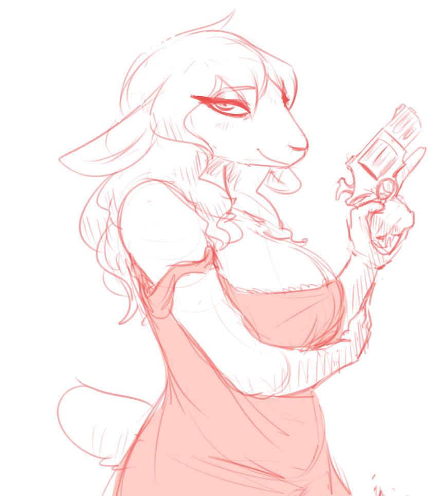 anthro big_breasts blush boss_lamb_(hladilnik) breasts caprine cleavage clothed clothing eyelashes female gun hair handgun mammal monochrome nightgown nobby nobby_(artist) nobbydraws off_shoulder ranged_weapon red_and_white revolver sheep smile weapon