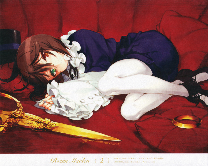 absurdres brown_hair hat heterochromia highres jewelry lineart lying on_side ooyari_ashito pantyhose pillow ring rozen_maiden scan scissors short_hair solo souseiseki