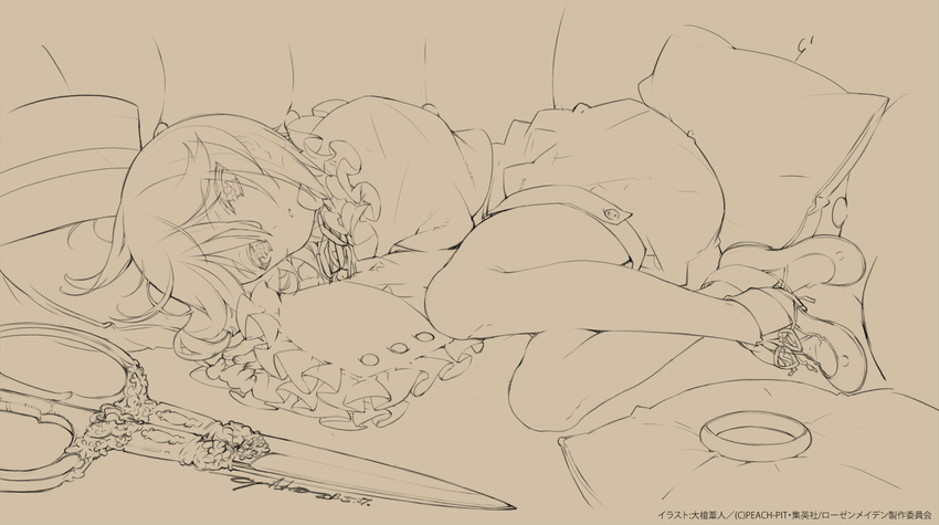 hat highres jewelry lineart lying on_side ooyari_ashito pillow ring rozen_maiden scissors short_hair souseiseki