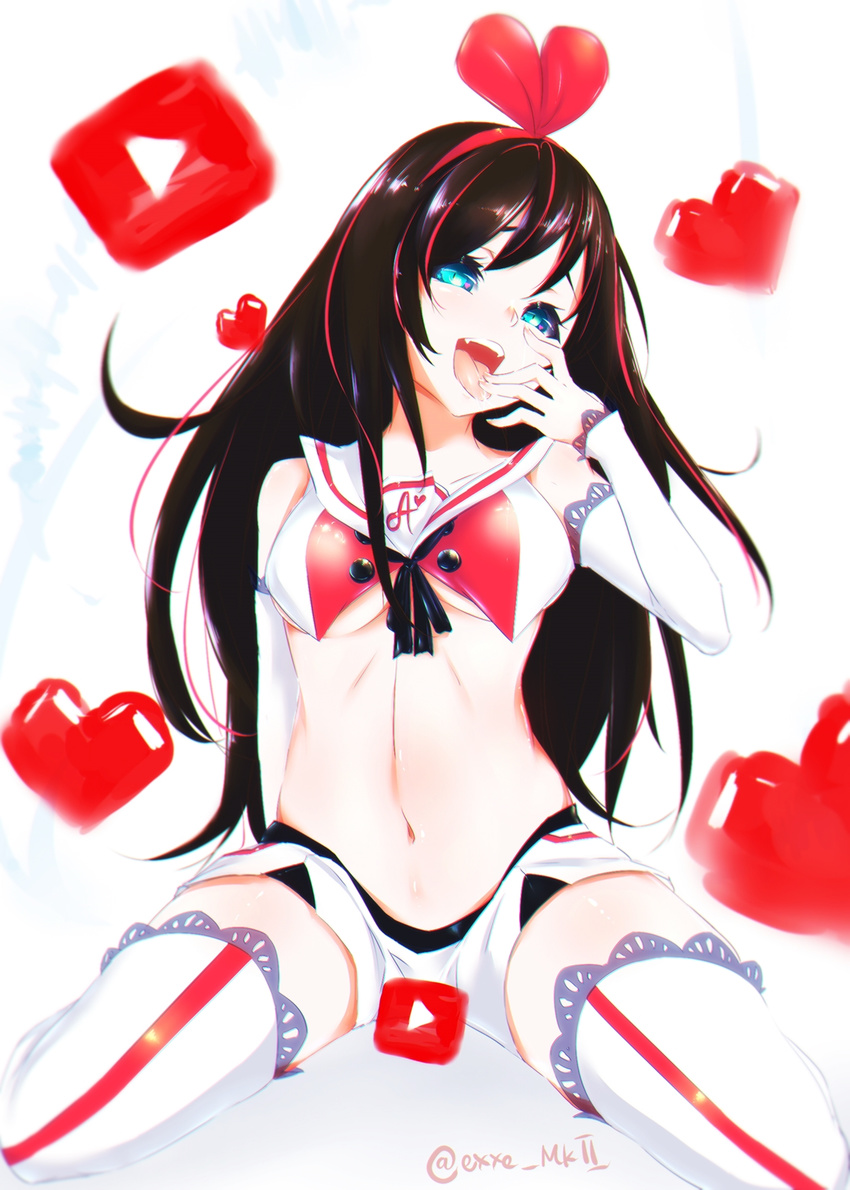 a.i._channel arm_behind_back bare_shoulders blue_eyes bow breasts brown_hair chromatic_aberration clothes_writing commentary crop_top detached_sleeves exxe_mkii fangs finger_licking hair_bow hairband head_tilt heart highres kizuna_ai licking long_hair looking_at_viewer medium_breasts multicolored_hair navel open_mouth pink_bow pink_hair play_button sailor_collar shorts sitting solo spread_legs thighhighs tongue tongue_out twitter_username two-tone_hair underboob virtual_youtuber youtube