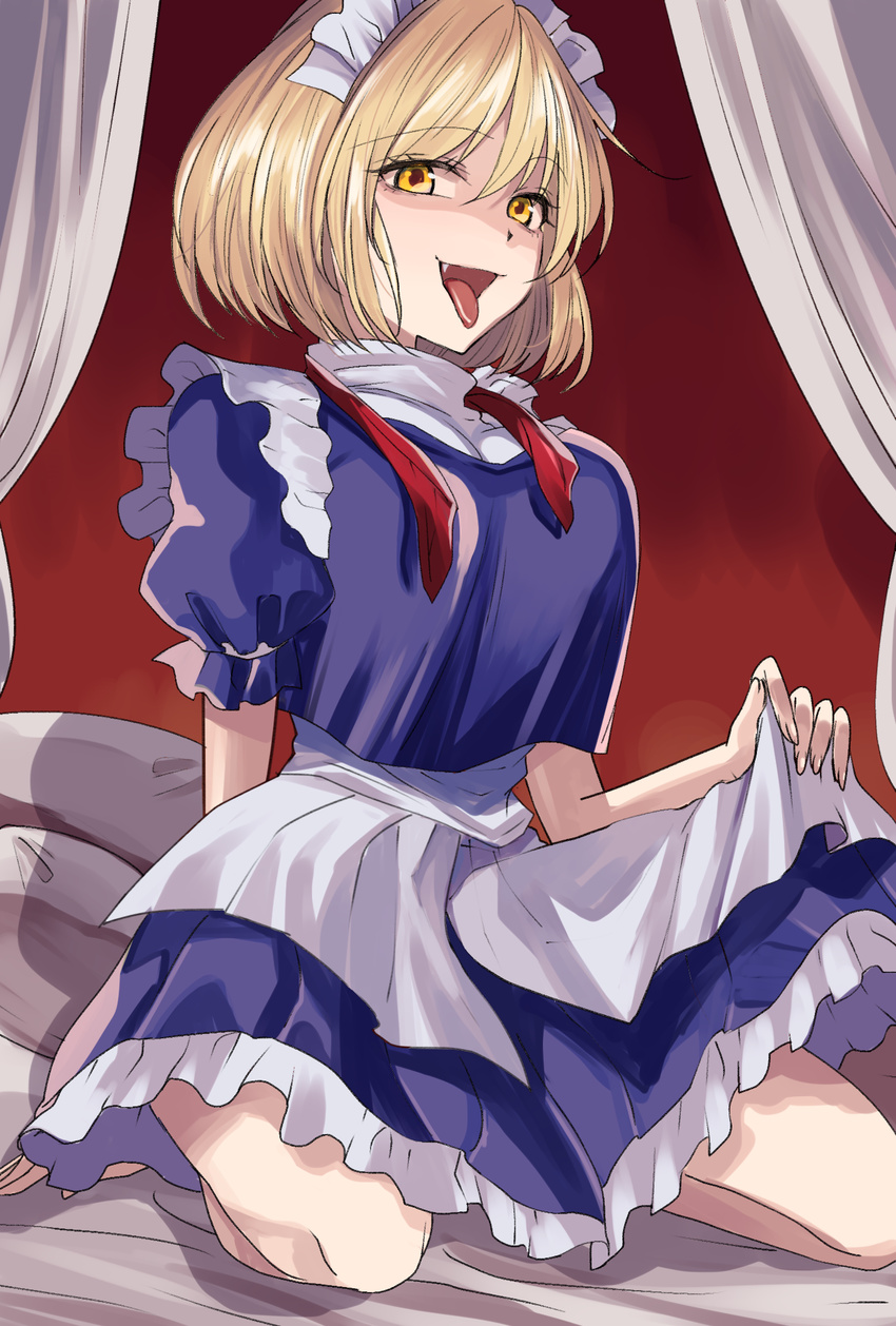 ascot blonde_hair highres katayama_kei looking_at_viewer maid maid_headdress mugetsu sitting skirt_hold tongue tongue_out touhou touhou_(pc-98) wariza yellow_eyes