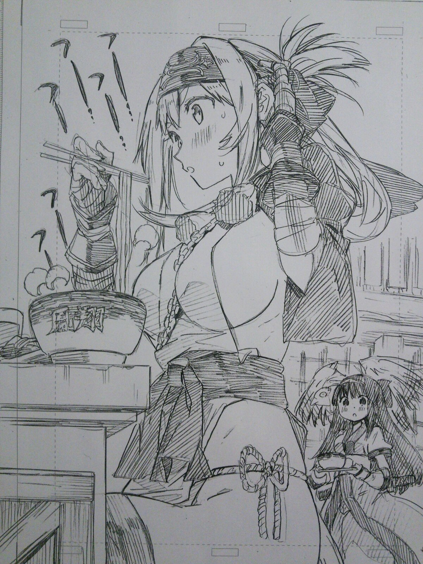 ainu_clothes animal bandana bird blush bow bowl breasts check_commentary chopsticks commentary_request cropped_jacket dress folded_ponytail gloves graphite_(medium) greyscale hair_bow hawk headband highres holding holding_chopsticks kamoi_(kantai_collection) kantai_collection kojima_takeshi large_breasts long_hair long_sleeves mamahaha monochrome nakoruru panties ribbon samurai_spirits side-tie_panties sidelocks sitting sleeveless sleeveless_dress steam sweatdrop thick_eyebrows thighhighs traditional_media underwear wrist_guards